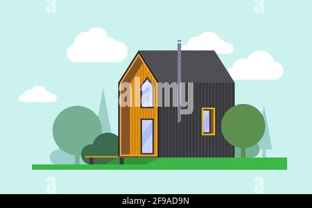 Flaches Einfamilienhaus, modernes, zweistöckiges Haus im Hintergrund der Natur. Hintergrund für Web und Print. Horizontaler Vektor-Clipart. Stock Vektor
