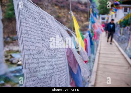 Die Tachogang Lhakhang-Brücke, die im Volksmund als Eiserne Kettenbrücke bekannt ist, überquert den Paro Chhu zum Dzong. Diese 600 Jahre alte Brücke wurde von Than gebaut Stockfoto