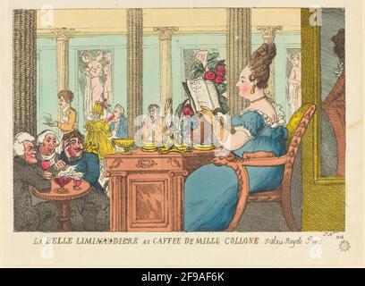 La Belle Limonaudiere au Cafe des Mille Colonnes, Palais Royal, Paris, 1814. Stockfoto