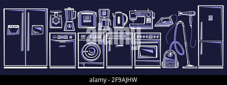 Vektor-Set von Haushaltsgeräten, Los-Sammlung von Ausschnitt skizzieren Illustrationen Haushalt und Küchengeräte für den Shop Verkauf, dunkle horizontale Banner w Stock Vektor