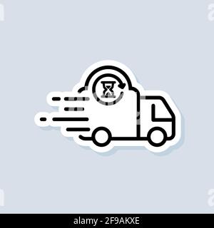 Schneller LKW-Aufkleber. Express-Lieferlogo. Vektor. UI-Symbol. Distributionsservice, Expresstransport. Lieferung von Lebensmitteln. Vektor auf isoliertem b Stock Vektor