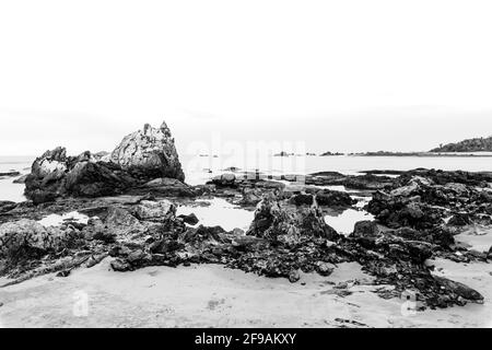 Schwarz-weißer Felsen am strand von legon Pari in Sawarna Stockfoto