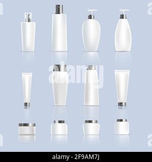 Set aus verschiedenen Flaschen, Gläsern und Tuben von Kosmetikprodukten auf blauem Hintergrund isoliert. Verpackungen für natürliche Bio-Kosmetik, Produkte für die Hautpflege und Spa-Behandlungen. Beauty-Produkte Konzept. Stock Vektor