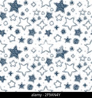Sterne nahtloser Hintergrund. Handgezeichnete verschiedene Sterne, Kreise und Punkte endlose Textur. Abstrakter Hintergrund mit Umriss Zeichnung Sterne und Planeten sy Stock Vektor