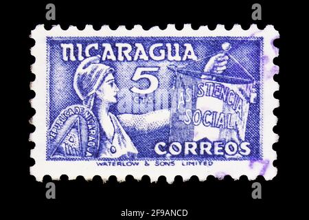 MOSKAU, RUSSLAND - 22. SEPTEMBER 2019: Die in Nicaragua gedruckte Briefmarke zeigt soziale Wohlfahrt, Serie, um 1956 Stockfoto