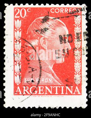 MOSKAU, RUSSLAND - 22. SEPTEMBER 2019: Die in Argentinien gedruckte Briefmarke zeigt Eva Perón (1919-1952), Politikerin, Serie, um 1952 Stockfoto