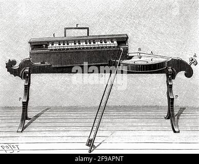 Das Monochord ist ein einsairiges Musikinstrument, das die Monodie im Einklang begleitet. Es kann in die Gruppe der gequetschten und geriebten Chordophone eingeordnet werden. Es ist eine Erfindung, die dem griechischen Philosophen Pythagoras zugeschrieben wird, Studien über Stimmungen und Intervalle zu etablieren. Alte, gravierte Illustration aus dem 19. Jahrhundert von La Nature 1889 Stockfoto