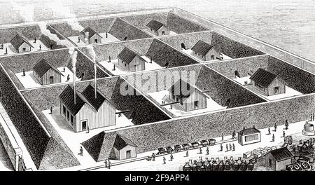 Sprengstofffabrik. Nitroglycerin-Verarbeitungsanlage im Val Bormida 1889, Cengio. Italien, Europa. Alte, gravierte Illustration aus dem 19. Jahrhundert von La Nature 1889 Stockfoto