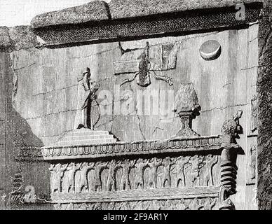 Bas-Relief Grab von Darius II, Naqsh E Rostam, Persepolis. Weltkulturerbe der UNESCO, Provinz Fars. Iran, Asien. Alte, gravierte Illustration aus dem 19. Jahrhundert von La Nature 1889 Stockfoto