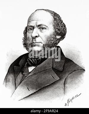 Portrait of John Ericsson (1803-1889) war ein schwedisch-amerikanischer Erfinder, arbeitete am Entwurf der Eisenbahn-Dampflokomotive Novelty, er entwarf die erste Schraube-angetriebene Dampf-Fregatte USS Princeton der United States Navy. Alte, gravierte Illustration aus dem 19. Jahrhundert von La Nature 1889 Stockfoto