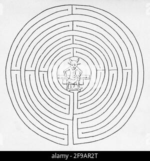 Das Minotaur-Labyrinth, entworfen vom Architekten Daedalus für König Minos von Kreta, 9. Jahrhundert. Alte, gravierte Illustration aus dem 19. Jahrhundert von La Nature 1889 Stockfoto