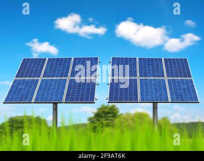 Sonnenkollektoren auf der Wiese. Photovoltaikkraftwerk erzeugt saubere Energie. Thema Umweltschutz. Stockfoto