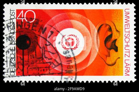 MOSKAU, RUSSLAND - 22. SEPTEMBER 2019: In Deutschland gedruckte Briefmarke zeigt Umweltschutz, Serie, um 1973 Stockfoto