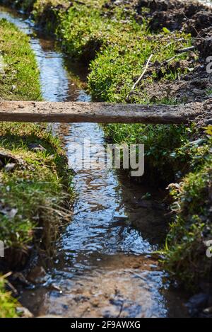 Ein schmutziges Brett wird über einen sich schnell bewegenden Strom geworfen, das Wasser im Strom wird von den Sonnenstrahlen beleuchtet. Stockfoto