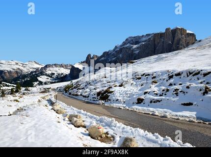 Winterberglandschaft.Straße vom Sellajoch. Dolomiten in Südtirol, Italien. Stockfoto
