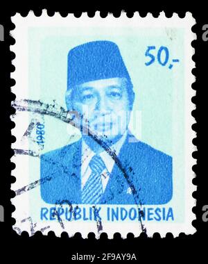 MOSKAU, RUSSLAND - 22. SEPTEMBER 2019: In Indonesien gedruckte Briefmarke zeigt Präsident Suharto, Serie, um 1980 Stockfoto