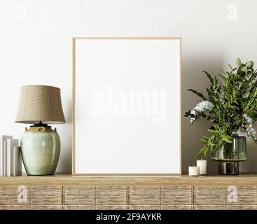 Modernes Interieur-Design in natürlichen Farben mit frischer grüner Pflanzendekoration und leerem weißen Nachbau-Bilderrahmen 3D-Rendering, 3D-Illustration Stockfoto