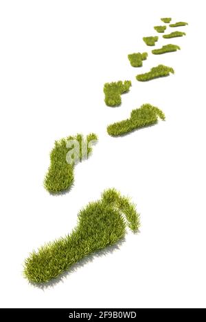 Fußabdrücke als Grasflecken. Selektiver Fokus - isoliert auf Weiß. CO2-Fußabdruck-Konzept. Erhaltung der Natur Stockfoto