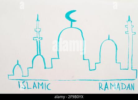 Aquarell Zeichnung Silhouette einer Moschee, Minarette einfache Kinderillustration mit dem Text Ramadan Kareem Stockfoto