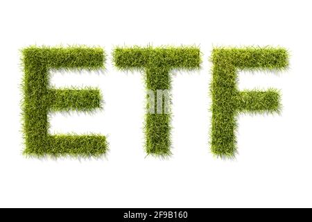 Grün Gras Buchstaben ETF isoliert auf weiß mit Schatten. Konzept für Exchange Traded Funds, die nach den Standards der Umweltstandards (Social Governance) anlegen. Stockfoto