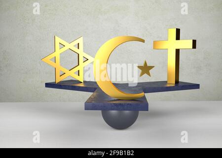 Gleichheitskonzept: Gleichheit der Religionen. Ein jüdischer davidstern, ein islamisches Stern- und Halbmondsymbol und ein christliches Kreuz auf einer dreifachen Wippe Stockfoto