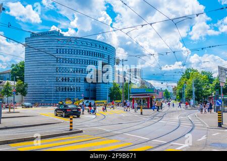 BASEL, SCHWEIZ, 14. JULI 2017: Botta-Gebäude der Bank für Internationalen Zahlungsausgleich (BIZ) in Basel, Schweiz Stockfoto