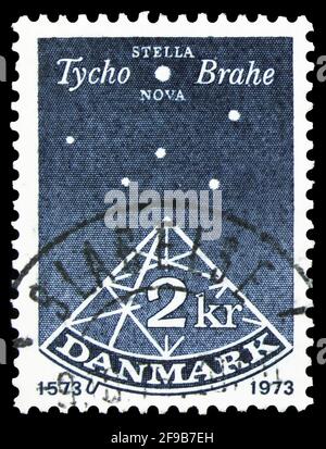 MOSKAU, RUSSLAND - 22. SEPTEMBER 2019: Die in Dänemark gedruckte Briefmarke zeigt Nova Stella, Serie, um 1973 Stockfoto
