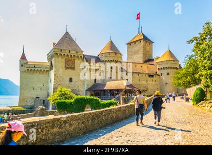 MONTREAUX, SCHWEIZ, 18. JULI 2017: Schloss Chillon am Ufer des Genfer Sees in der Schweiz Stockfoto