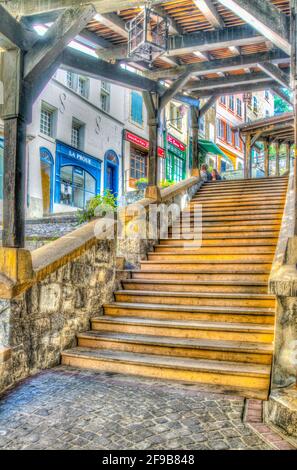 LAUSANNE, SCHWEIZ, 19. JULI 2017: Escaliers du Marche Staircase in Lausanne, Schweiz Stockfoto