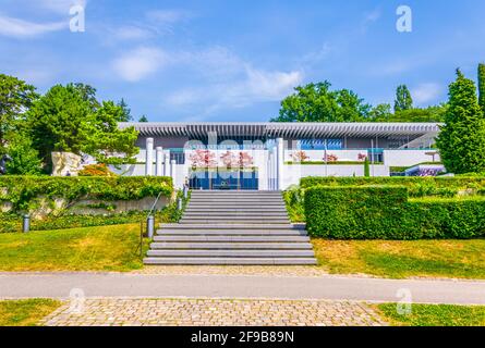 LAUSANNE, SCHWEIZ, 19. JULI 2017: Gebäude des Internationalen olympischen Museums in Lausanne, Schweiz Stockfoto