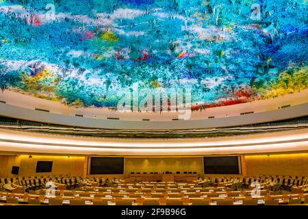 GENF, SCHWEIZ, 20. JULI 2017: Eine Versammlungshalle im Palast der Nationen - UN-Hauptquartier in Genf, Schweiz Stockfoto