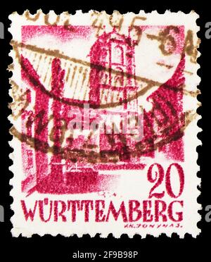 MOSKAU, RUSSLAND - 24. SEPTEMBER 2019: Briefmarke gedruckt in Deutschland, alliierte Besetzung 1945-1949, zeigt Tor von Wangen, Französische Zone - Württemberg-Ho Stockfoto