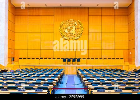 GENF, SCHWEIZ, 20. JULI 2017: Eine Versammlungshalle im Palast der Nationen - UN-Hauptquartier in Genf, Schweiz Stockfoto