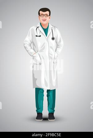 Ein männlicher Arzt in einer weißen Uniform auf weißem Hintergrund. vektor-Illustration Design Stock Vektor
