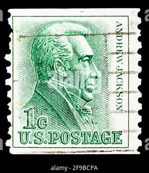MOSKAU, RUSSLAND - 24. SEPTEMBER 2019: Die in den Vereinigten Staaten gedruckte Briefmarke zeigt Andrew Jackson (1767-1845), 7. Präsident, 1961-1966 reguläre Ausgabe s Stockfoto
