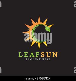Sun & Green Leaf Logo Icons vector design template. Eco Sun Energy Logo isolated on black background Stock Vektor