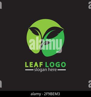 Abstraktes grünes Blatt Logo Symbol Vektor-Design auf schwarzem Hintergrund isoliert. Landschaftsgestaltung Garten, Pflanze, Spa, Natur und Ökologie Vektor-Logo. Stock Vektor