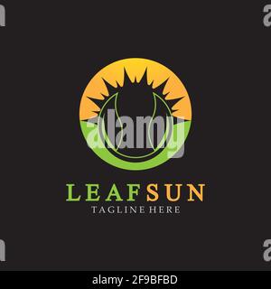 Sun & Green Leaf Logo Icons Vektor-Design-Vorlage. Eco Sun Energy Logo isoliert auf schwarzem Hintergrund Stock Vektor