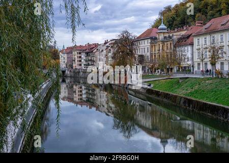 Der ruhige Fluss Ljubljanica fließt durch das Zentrum von Ljubljana Stockfoto