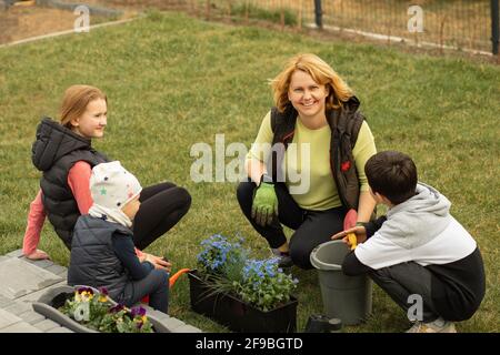 Mutter mit vielen Kindern pflanzt Blumen in Töpfen vor oder hinter dem Haus. Gerne verbringen Sie Zeit mit der Familie Stockfoto