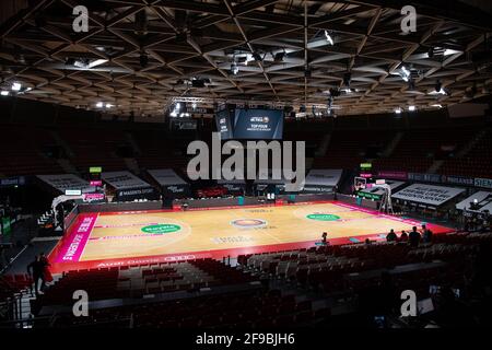 München, Deutschland. April 2021. Basketball: München, Finale 4, Halbfinale. Der Platz im Audidome. Das letzte Turnier für den Deutschen Basketball Cup in München wurde abgesagt. Nach einem Corona-Fall bei der BG Göttingen sollen die Spiele zu einem späteren Zeitpunkt stattfinden. Quelle: Sven Hoppe/dpa/Alamy Live News Stockfoto