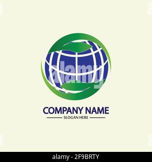 Eco World Nature Global Logo Design Template.Weltkugel-Symbol mit Blatt-Symbol um. Verwendbar für Wirtschaft, Natur, Umwelt, Wissenschaft und Ökologie L Stock Vektor