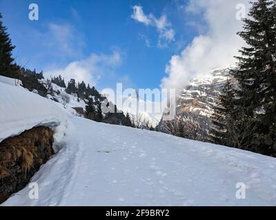 Das Zervreilahorn zwischen den Wolken. Das Bundner matterhorn. Skitour auf dem Fanellhorn an einem schönen Wintertag Stockfoto