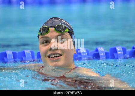 Berlin, Deutschland. April 2021. Schwimmen, Olympisches Qualifying, Schwimmen im Pool. Endgültig. Zoe Vogelmann, SV Nikar Heidelberg, beim Schwimmen. Quelle: Soeren Stache/dpa-Zentralbild/dpa/Alamy Live News Stockfoto