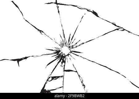 Beschädigtes Glas mit Rissen, Risse im Glas vom Schuss. Gebrochenes Fenster, Textur auf weißem Hintergrund Stock Vektor