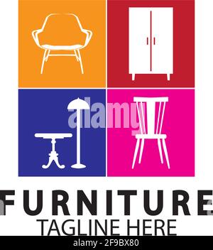 Design-Konzept mit abstraktem Möbellogo. Symbol und Ikone der Stühle, Sofas, Tische und Einrichtungsgegenstände. Stock Vektor