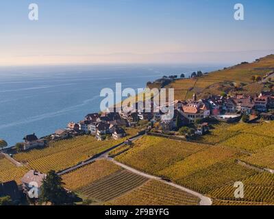 Die Schweizer Winzer Dorf Puidoux über dem Genfersee im UNESCO Weltkulturerbe Bereich des Lavaux aus der Luft in eine Drohne foto zu sehen Stockfoto