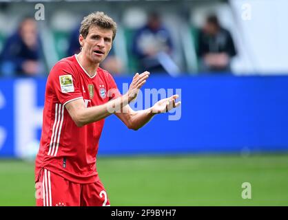 Stadt Wolfsburg, Deutschland. 17. April 2021. firo: 17.04.2021, Fußball, 1. Bundesliga, Saison 2020/2021, VfL Wolfsburg - FC Bayern München Thomas Muller (Bayern) Credit: Tim Groothuis/Witters/via firosportphoto/dpa/Alamy Live News Stockfoto