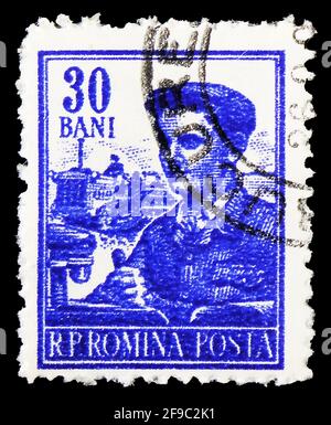 MOSKAU, RUSSLAND - 24. SEPTEMBER 2019: Briefmarke gedruckt in Rumänien zeigt Traktor-Fahrer, 30 rumänisches Verbot, Besetzungen Serie, um 1956 Stockfoto
