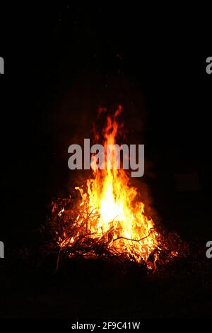 Helle riesige Flamme in der Dunkelheit der Natur. Sommerfeuer auf dem Campingplatz in einer dunklen Nacht. Stockfoto